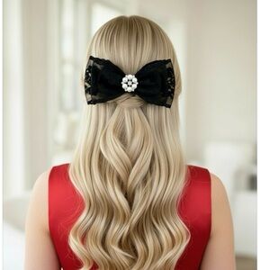 Elegant Black Lace Hair Bow with Pearl Accent , NWOT and Handmade